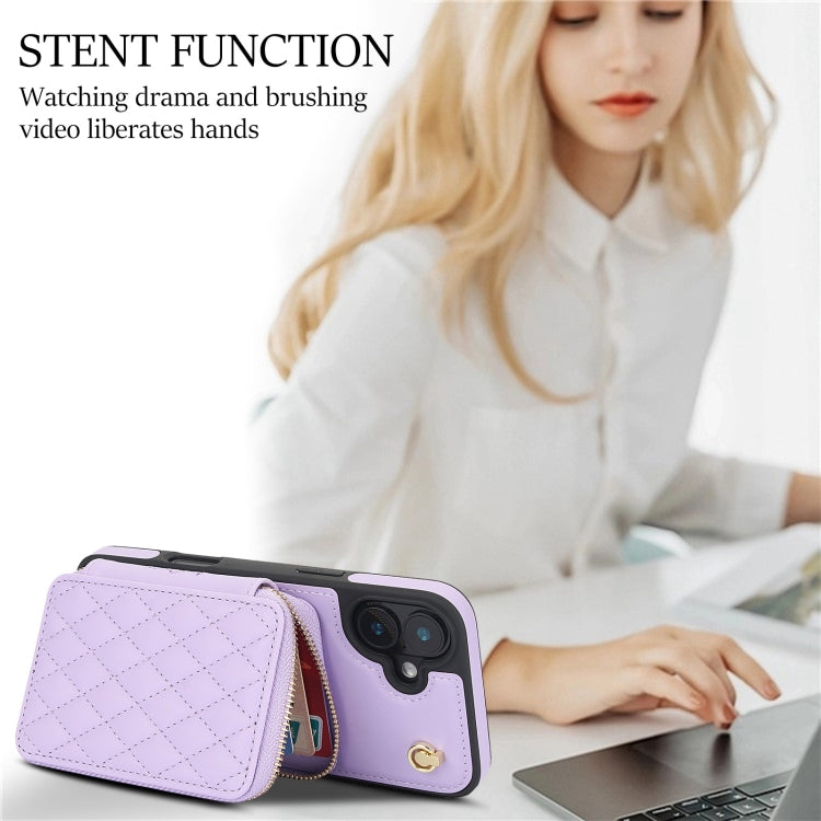 For iPhone 16 Plus AwQuer Crossbody Zipper Wallet Rhombic Leather Back Phone Case(Purple)