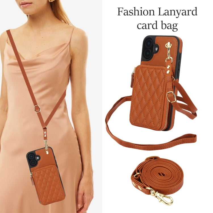 For iPhone 16 Plus AwQuer Crossbody Zipper Wallet Rhombic Leather Back Phone Case(Brown)