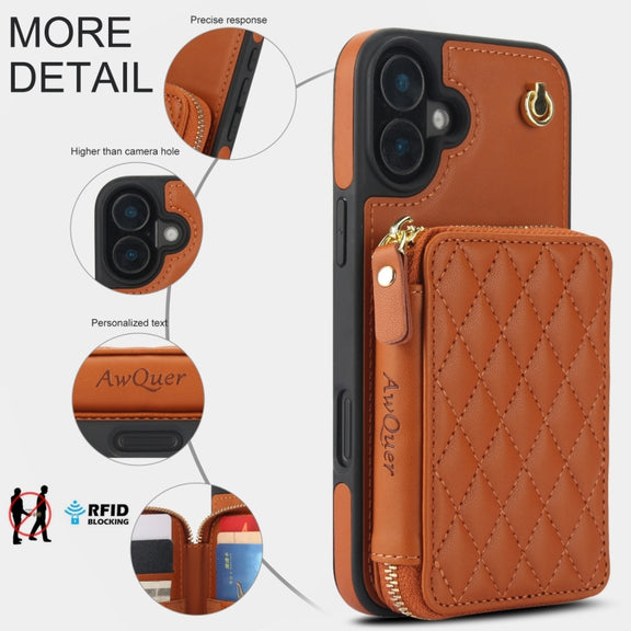 For iPhone 16 Plus AwQuer Crossbody Zipper Wallet Rhombic Leather Back Phone Case(Brown)