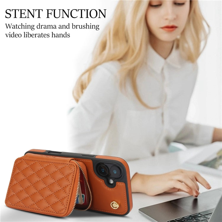 For iPhone 16 Plus AwQuer Crossbody Zipper Wallet Rhombic Leather Back Phone Case(Brown)