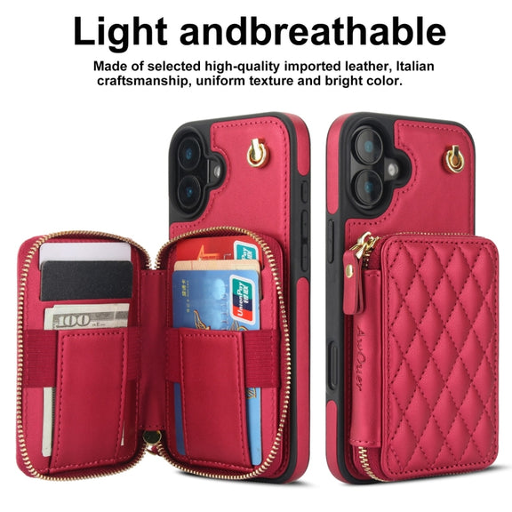 For iPhone 16 AwQuer Crossbody Zipper Wallet Rhombic Leather Back Phone Case(Red)