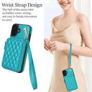 For iPhone 16 AwQuer Crossbody Zipper Wallet Rhombic Leather Back Phone Case(Green)