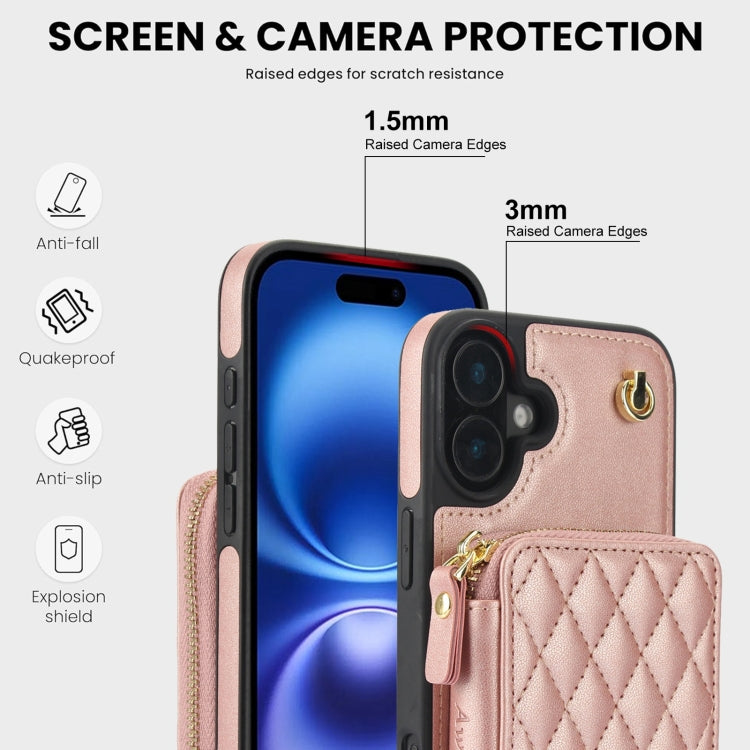For iPhone 16 AwQuer Crossbody Zipper Wallet Rhombic Leather Back Phone Case(Rose Gold)