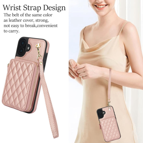 For iPhone 16 AwQuer Crossbody Zipper Wallet Rhombic Leather Back Phone Case(Rose Gold)