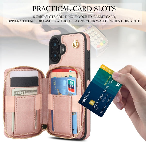 For iPhone 16 AwQuer Crossbody Zipper Wallet Rhombic Leather Back Phone Case(Rose Gold)