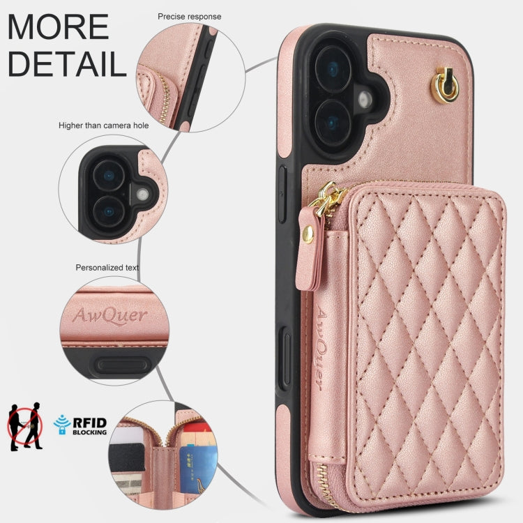 For iPhone 16 AwQuer Crossbody Zipper Wallet Rhombic Leather Back Phone Case(Rose Gold)