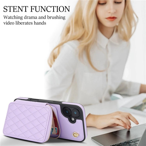 For iPhone 16 AwQuer Crossbody Zipper Wallet Rhombic Leather Back Phone Case(Purple)