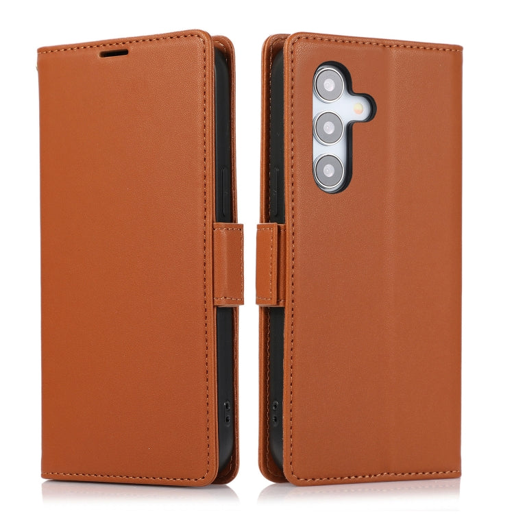 For Samsung Galaxy S25 / S24 5G Side Buckle RFID Anti-theft Leather Phone Case(Brown)
