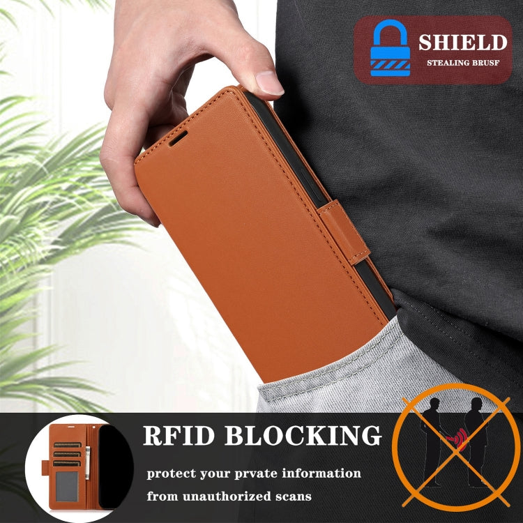 For Samsung Galaxy S25 / S24 5G Side Buckle RFID Anti-theft Leather Phone Case(Brown)