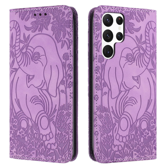 For Samsung Galaxy S25 Ultra 5G Retro Elephant Embossed Leather Phone Case(Purple)