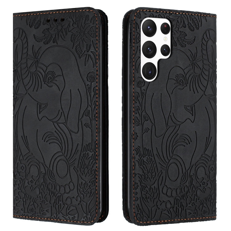 For Samsung Galaxy S25 Ultra 5G Retro Elephant Embossed Leather Phone Case(Black)
