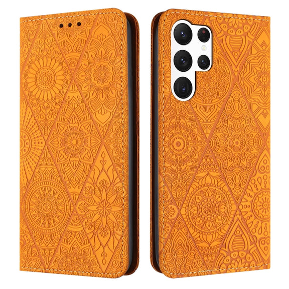 For Samsung Galaxy S25 Ultra 5G Ethnic Embossed Adsorption Leather Phone Case(Yellow)