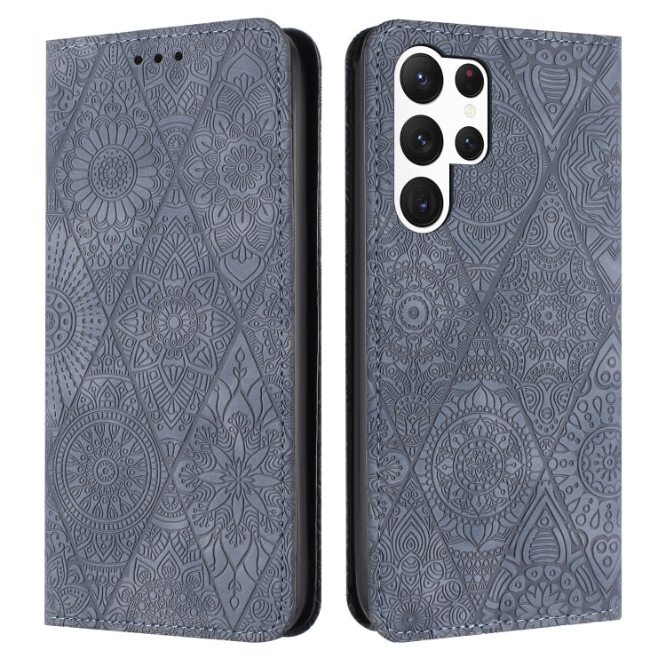 For Samsung Galaxy S25 Ultra 5G Ethnic Embossed Adsorption Leather Phone Case(Grey)