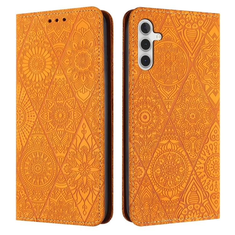 For Samsung Galaxy S25+ 5G Ethnic Embossed Adsorption Leather Phone Case(Yellow)