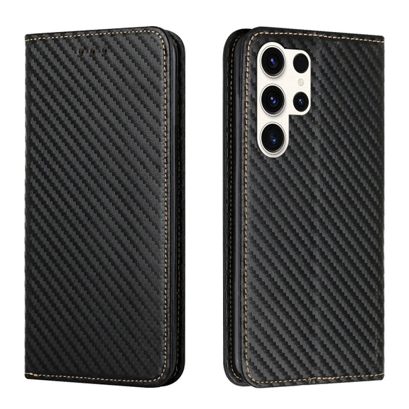 For Samsung Galaxy S25 Ultra 5G Carbon Fiber Texture Magnetic Flip Leather Phone Case(Black)