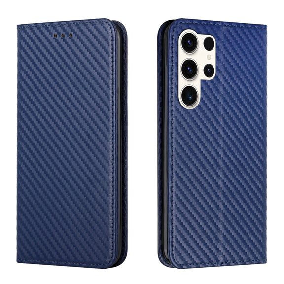 For Samsung Galaxy S25 Ultra 5G Carbon Fiber Texture Magnetic Flip Leather Phone Case(Blue)
