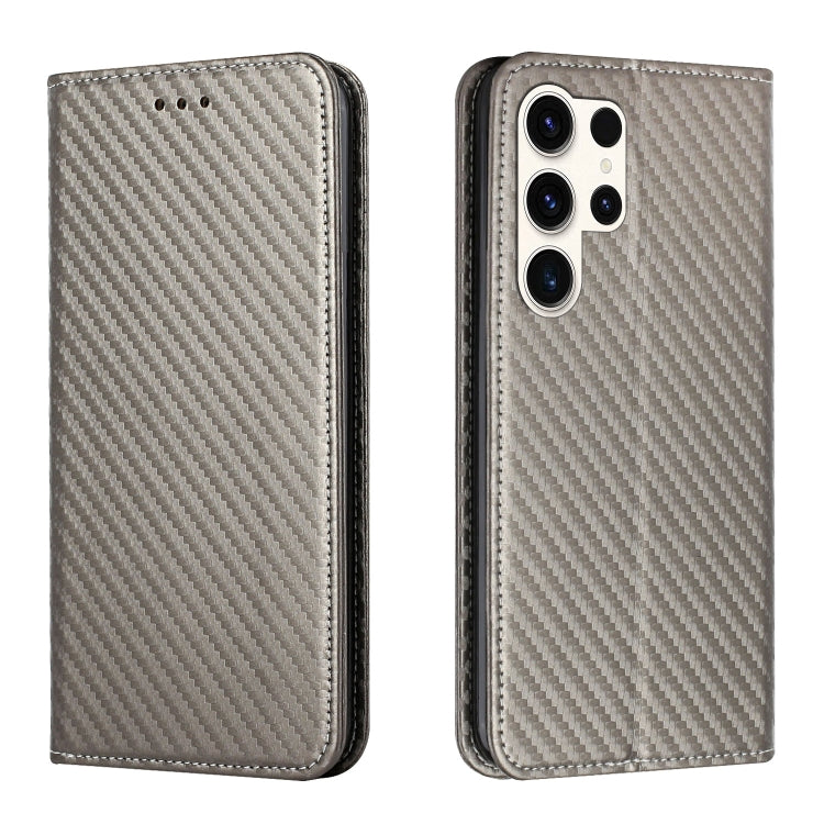 For Samsung Galaxy S25 Ultra 5G Carbon Fiber Texture Magnetic Flip Leather Phone Case(Grey)