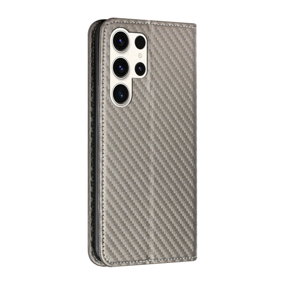 For Samsung Galaxy S25 Ultra 5G Carbon Fiber Texture Magnetic Flip Leather Phone Case(Grey)
