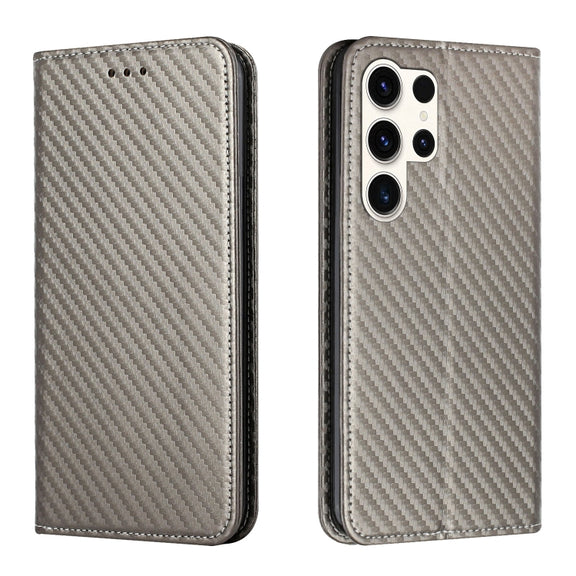 For Samsung Galaxy S25 Ultra 5G Carbon Fiber Texture Magnetic Flip Leather Phone Case(Grey)