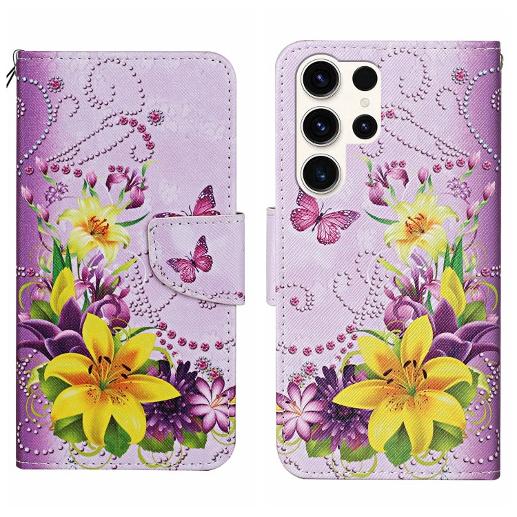 For Samsung Galaxy S25 Ultra 5G Colored Drawing Pattern Leather Phone Case(Yellow Flower Butterfly)