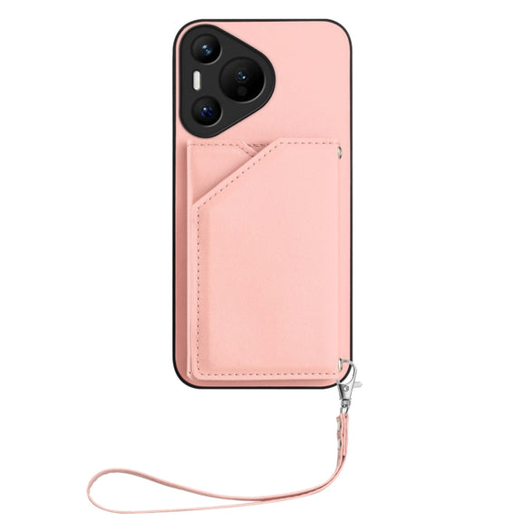 For Huawei Pura 70 Skin Feel Four Card Slots Phone Case with Wrist Strap(Pink)