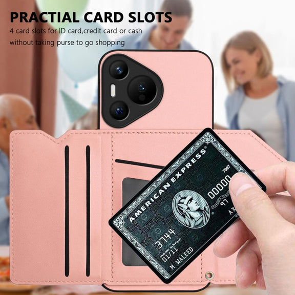 For Huawei Pura 70 Skin Feel Four Card Slots Phone Case with Wrist Strap(Pink)