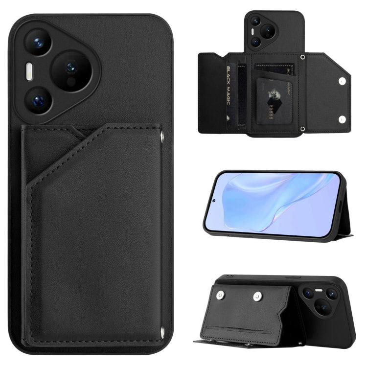 For Huawei Pura 70 Skin Feel Four Card Slots Phone Case with Wrist Strap(Black)