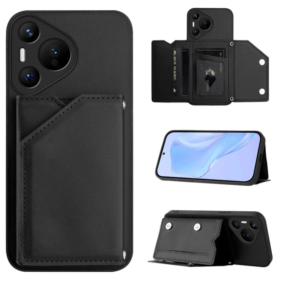 For Huawei Pura 70 Skin Feel Four Card Slots Phone Case with Wrist Strap(Black)