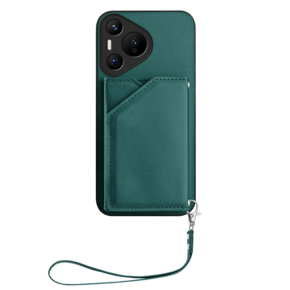 For Huawei Pura 70 Skin Feel Four Card Slots Phone Case with Wrist Strap(Green)