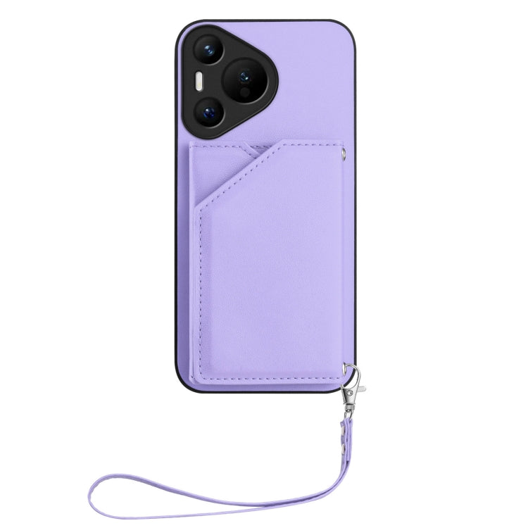 For Huawei Pura 70 Skin Feel Four Card Slots Phone Case with Wrist Strap(Purple)