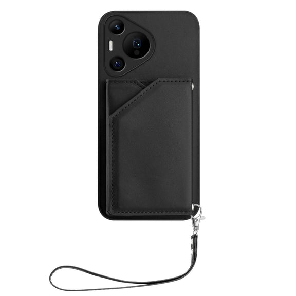 For Huawei Pura 70 Pro Skin Feel Four Card Slots Phone Case with Wrist Strap(Black)