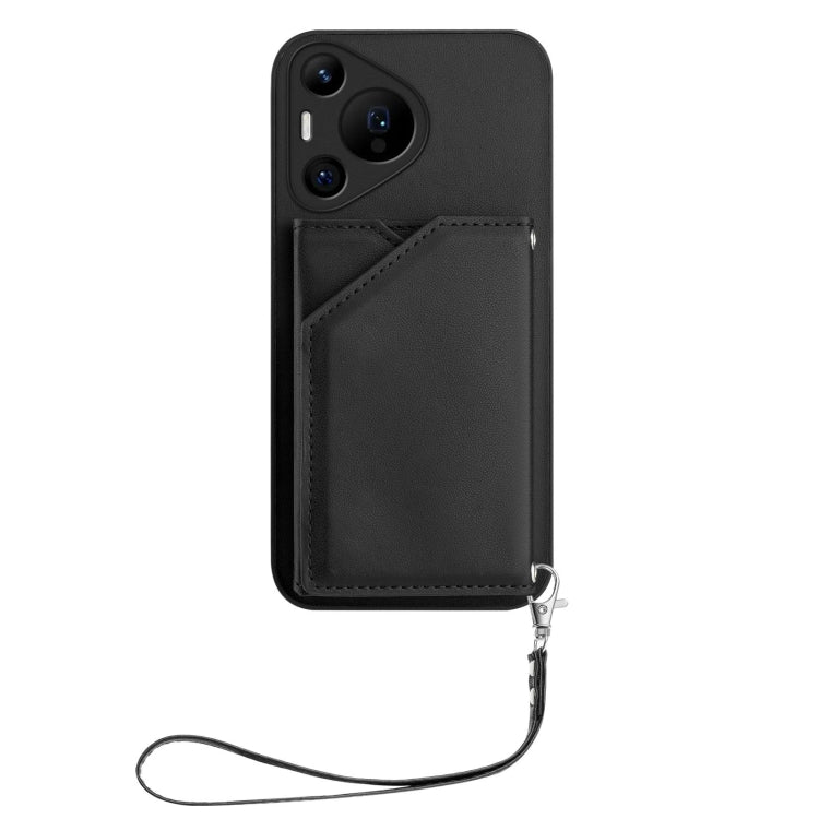 For Huawei Pura 70 Pro Skin Feel Four Card Slots Phone Case with Wrist Strap(Black)