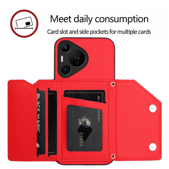 For Huawei Pura 70 Pro Skin Feel Four Card Slots Phone Case with Wrist Strap(Red)