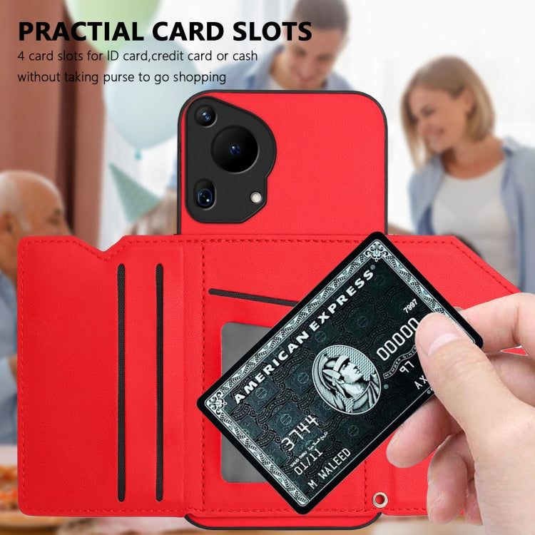 For Huawei Pura 70 Ultra Skin Feel Four Card Slots Phone Case with Wrist Strap(Red)