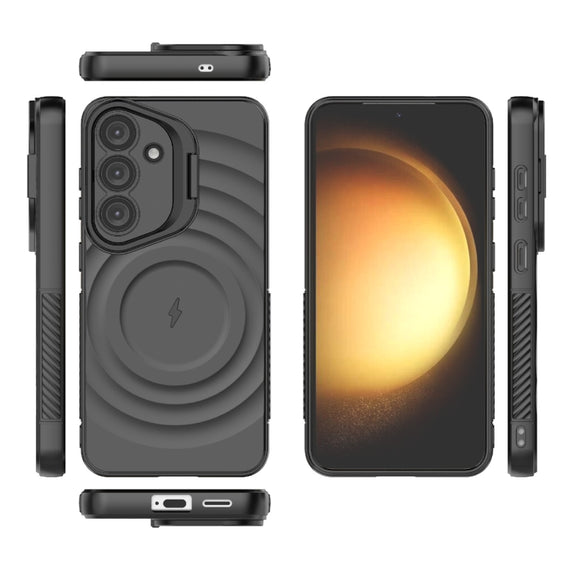 For Samsung Galaxy S25 5G Lens Frame Bracket Corrugated MagSafe Phone Case(Black)