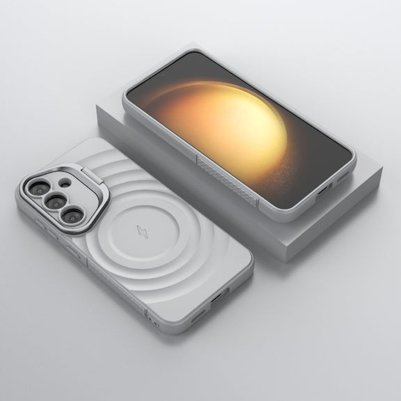 For Samsung Galaxy S25 5G Lens Frame Bracket Corrugated MagSafe Phone Case(Grey)