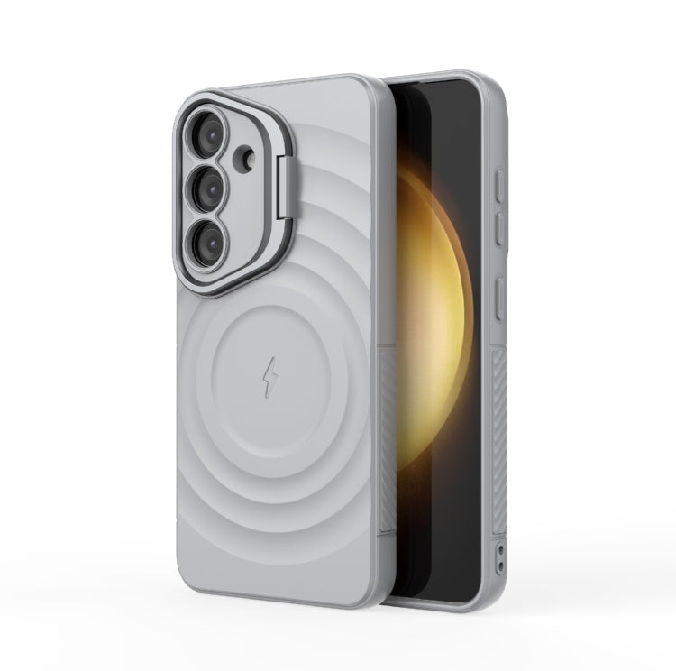 For Samsung Galaxy S25 5G Lens Frame Bracket Corrugated MagSafe Phone Case(Grey)