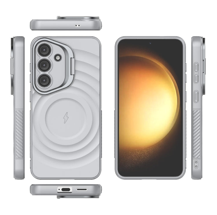 For Samsung Galaxy S25 5G Lens Frame Bracket Corrugated MagSafe Phone Case(Grey)