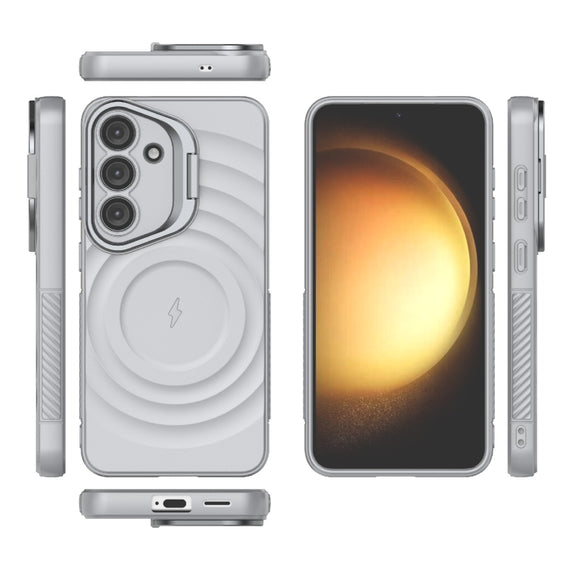 For Samsung Galaxy S25 5G Lens Frame Bracket Corrugated MagSafe Phone Case(Grey)