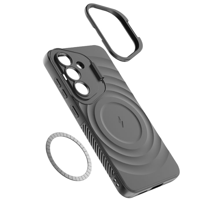 For Samsung Galaxy S25 5G Lens Frame Bracket Corrugated MagSafe Phone Case(Grey)