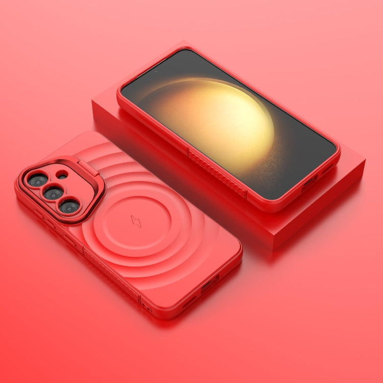 For Samsung Galaxy S25 5G Lens Frame Bracket Corrugated MagSafe Phone Case(Red)
