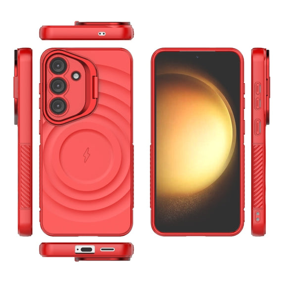 For Samsung Galaxy S25 5G Lens Frame Bracket Corrugated MagSafe Phone Case(Red)