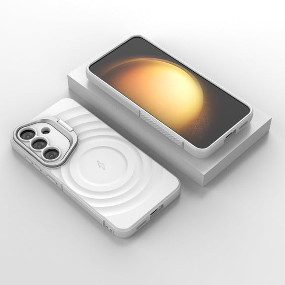 For Samsung Galaxy S25 5G Lens Frame Bracket Corrugated MagSafe Phone Case(White)