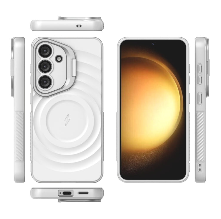 For Samsung Galaxy S25 5G Lens Frame Bracket Corrugated MagSafe Phone Case(White)