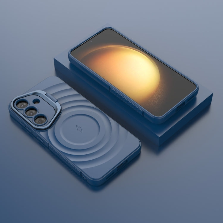 For Samsung Galaxy S25 5G Lens Frame Bracket Corrugated MagSafe Phone Case(Dark Blue)
