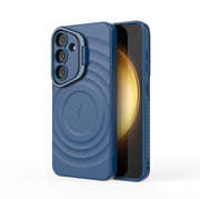 For Samsung Galaxy S25 5G Lens Frame Bracket Corrugated MagSafe Phone Case(Dark Blue)