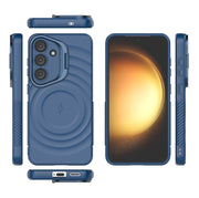 For Samsung Galaxy S25 5G Lens Frame Bracket Corrugated MagSafe Phone Case(Dark Blue)