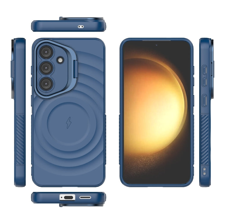 For Samsung Galaxy S25 5G Lens Frame Bracket Corrugated MagSafe Phone Case(Dark Blue)