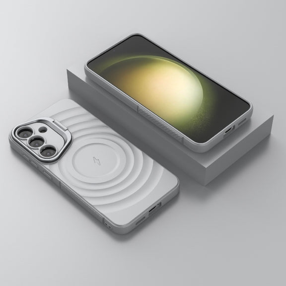 For Samsung Galaxy S25+ 5G Lens Frame Bracket Corrugated MagSafe Phone Case(Grey)