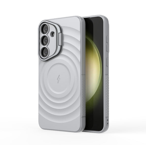 For Samsung Galaxy S25+ 5G Lens Frame Bracket Corrugated MagSafe Phone Case(Grey)